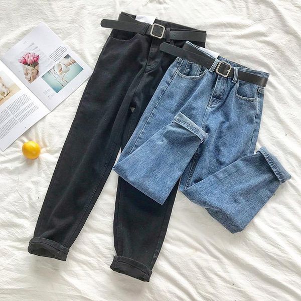 korean high waist jeans women solid belt harem pants loose casual plus size high street denim trousers pantalon femme with belt, Blue